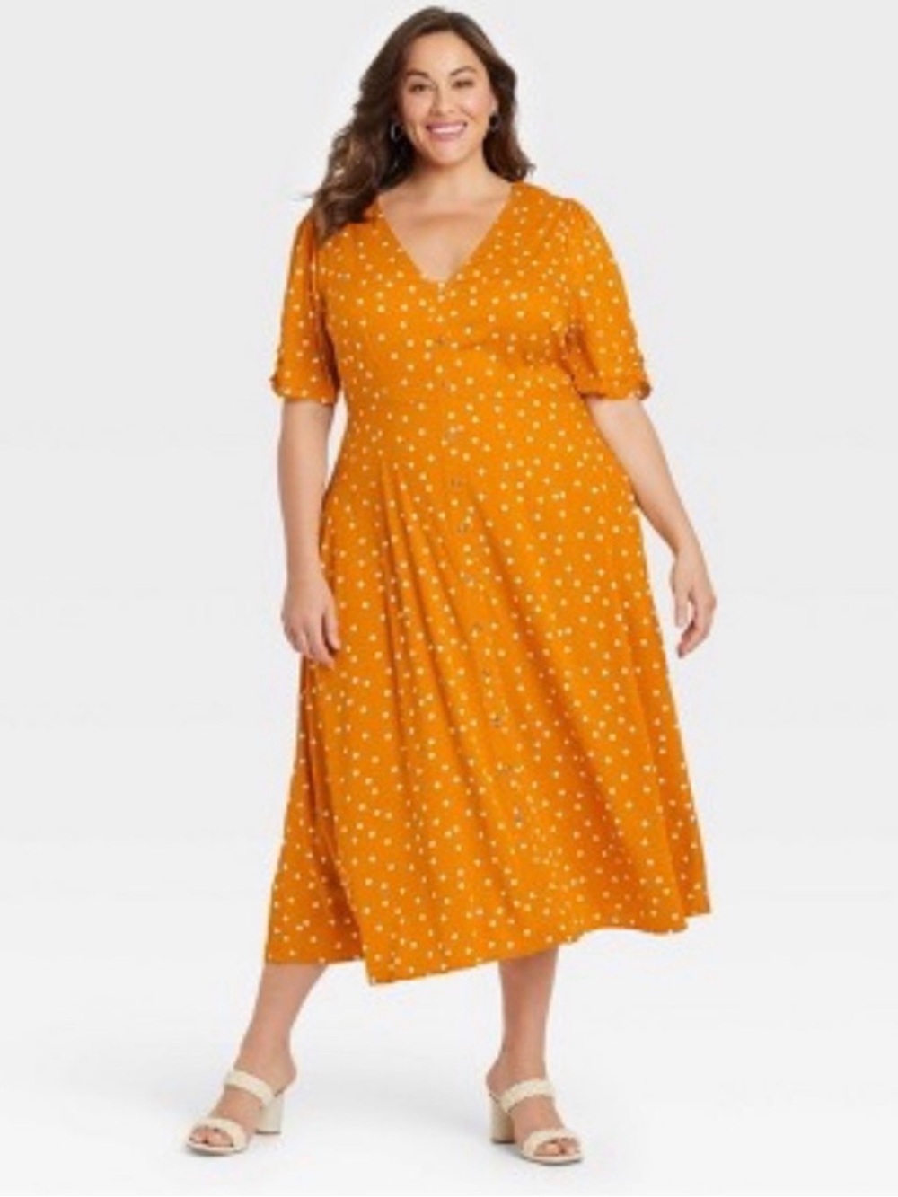 Ava & Viv Mustard Yellow Polka Dot V-Neck Midi Dress